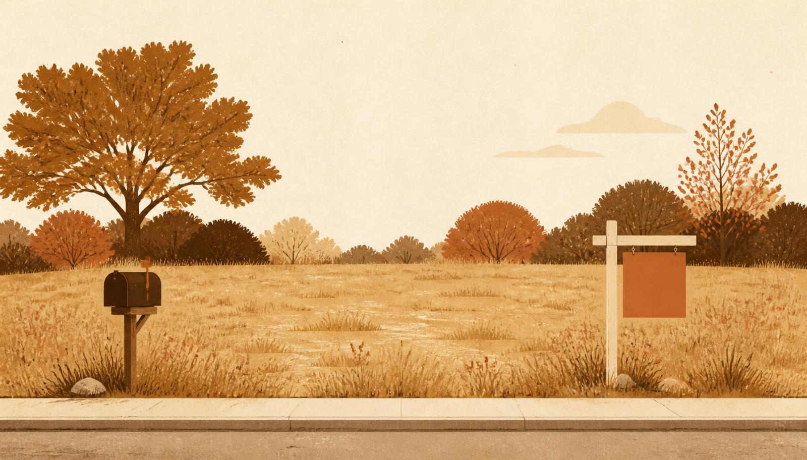 Illustration of an empty grassy lot with a mailbox at the curb and a blank sign