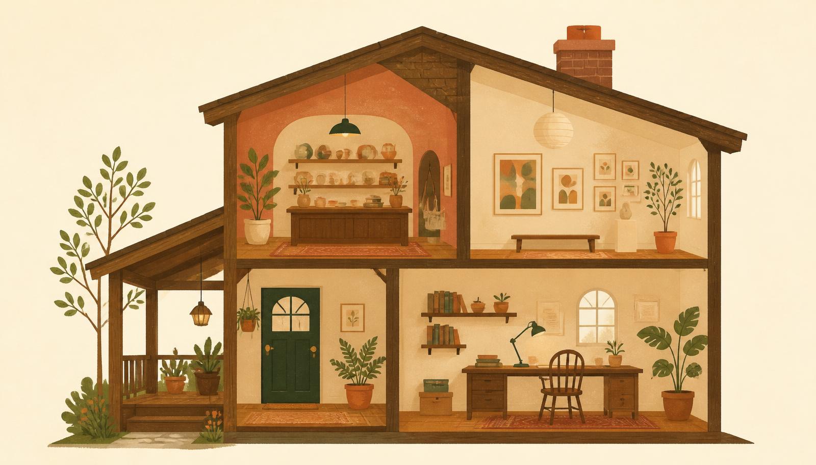 Cutaway illustration of a small house showing a porch, a shop room, a gallery wall, and a desk