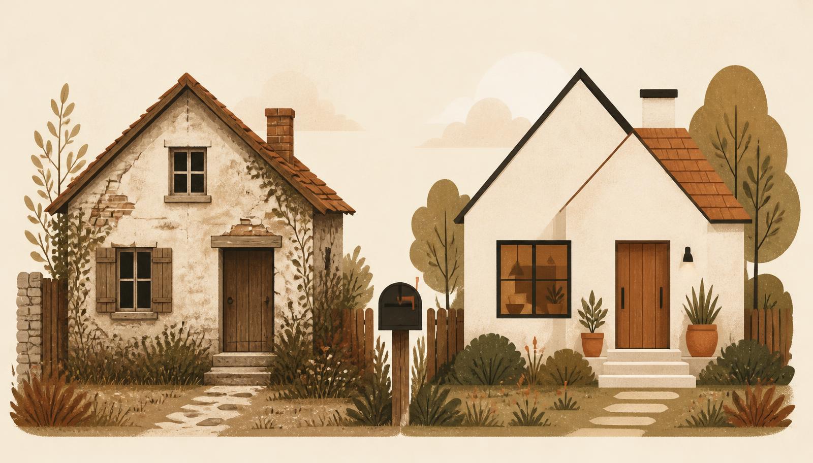 Illustration of a weathered old cottage beside a freshly built cottage, both sharing one mailbox between them
