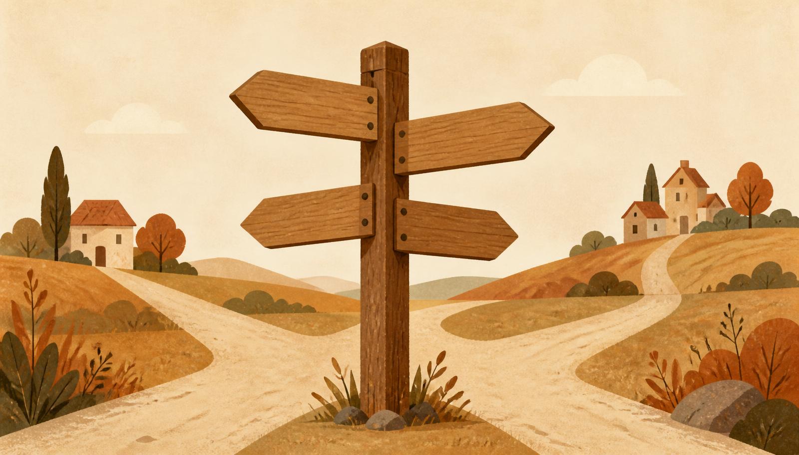 Illustration of a wooden signpost at a crossroads with four blank arrows pointing toward distant houses