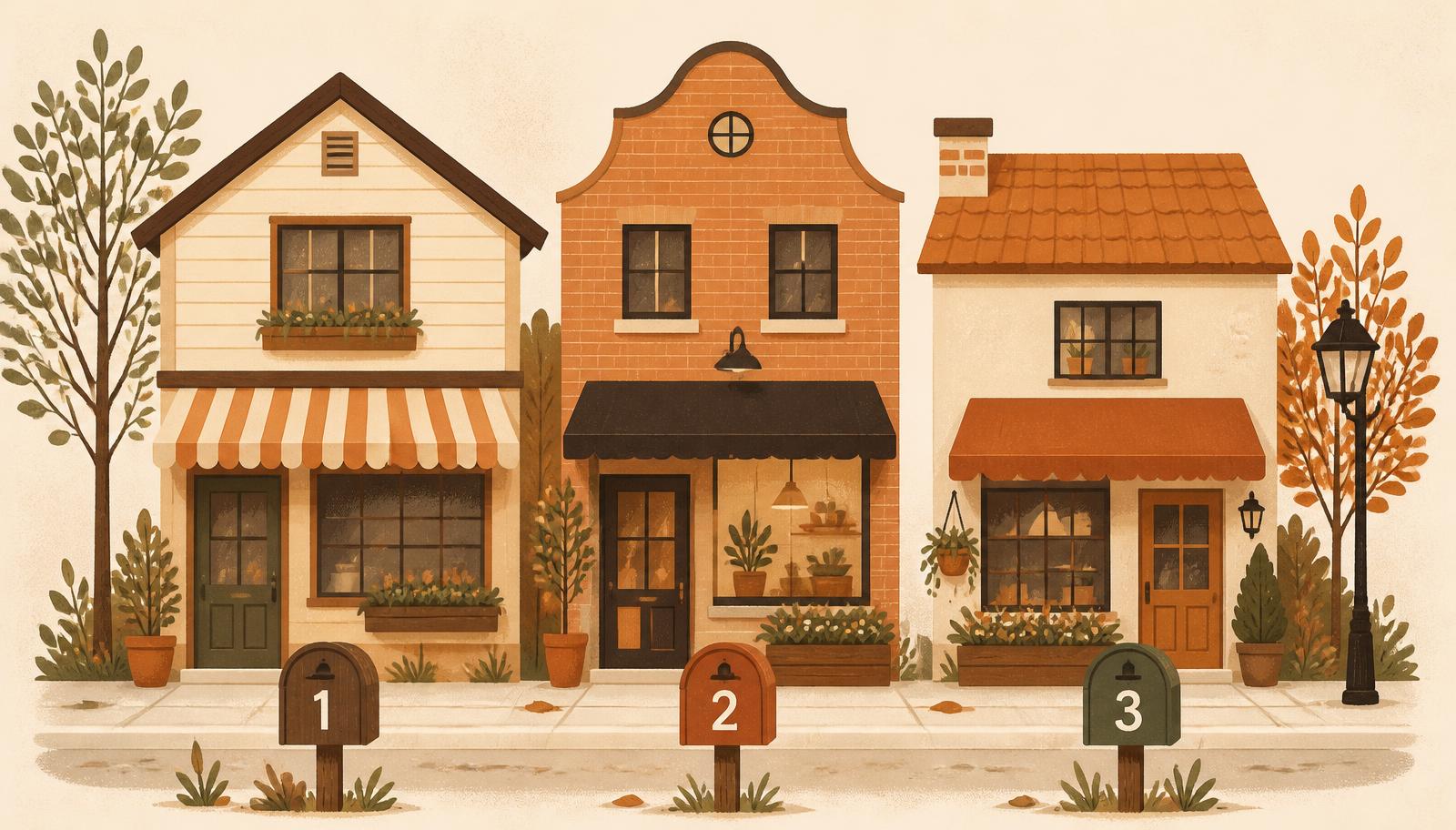 Illustration of three small shops on a street, each with its own numbered mailbox at the curb
